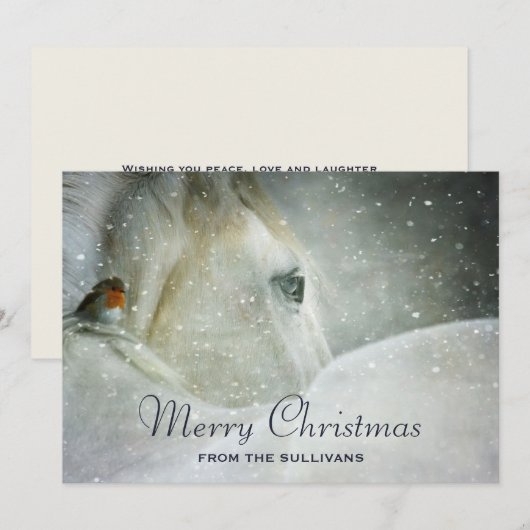 White Horse & Bird in a Winter Snowfall Kerstmis Feestdagenkaart (Voorkant / Achterkant)