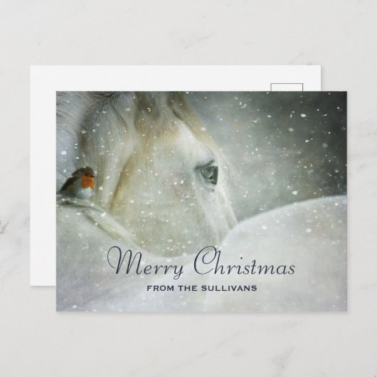 White Horse & Bird in a Winter Snowfall Kerstmis Feestdagenkaart (Voorkant / Achterkant)