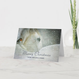 White Horse & Bird in a Winter Snowfall Kerstmis Kaart