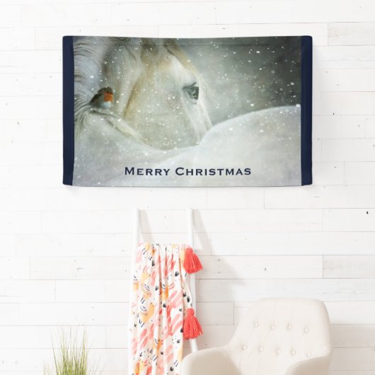 White Horse & Bird in a Winter Snowfall Kerstmis Spandoek (Insitu)