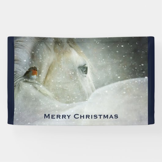 White Horse & Bird in a Winter Snowfall Kerstmis Spandoek (Horizontaal)