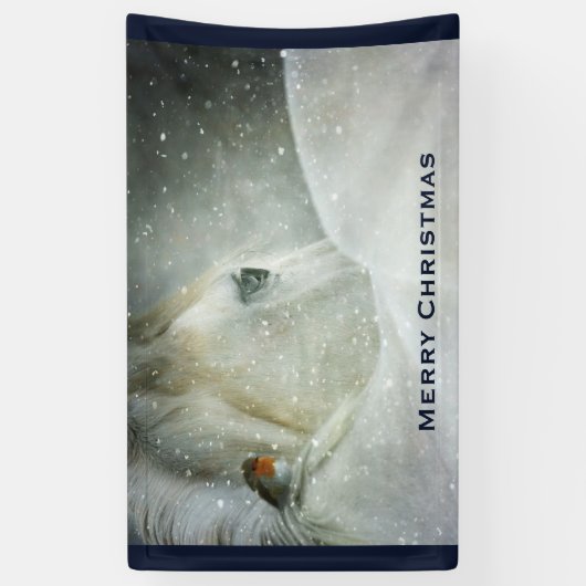 White Horse & Bird in a Winter Snowfall Kerstmis Spandoek (Verticaal)