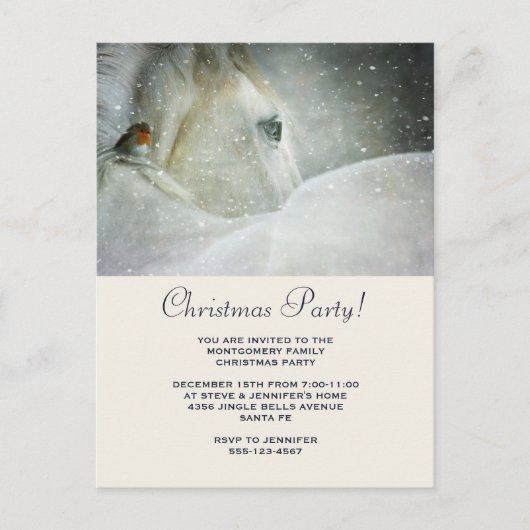 White Horse & Bird in a Winter Snowfall Kerstmis Uitnodiging Briefkaart (Voorkant)