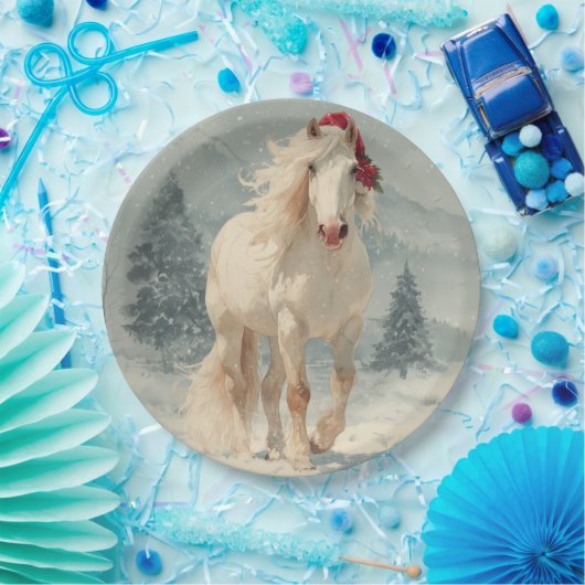 White Horse Christmas Paper Plate Papieren Bordje (Feest)