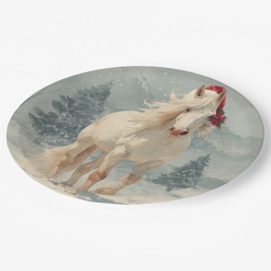 White Horse Christmas Paper Plate Papieren Bordje (Gekanteld)