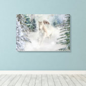 White Horse Galloping through snow cover Pine Canvas Afdruk (Insitu (Houten vloer))