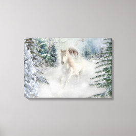 White Horse Galloping through snow cover Pine Canvas Afdruk
