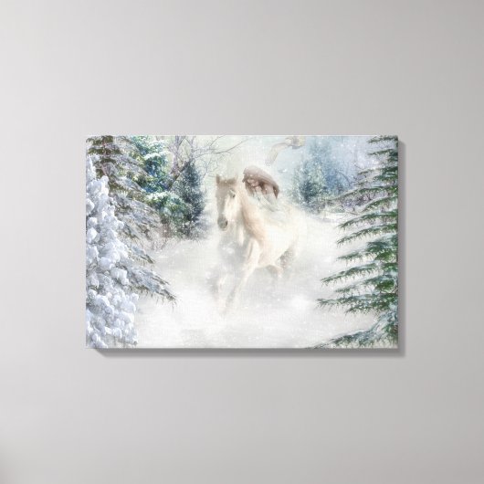 White Horse Galloping through snow cover Pine Canvas Afdruk (Voorkant)