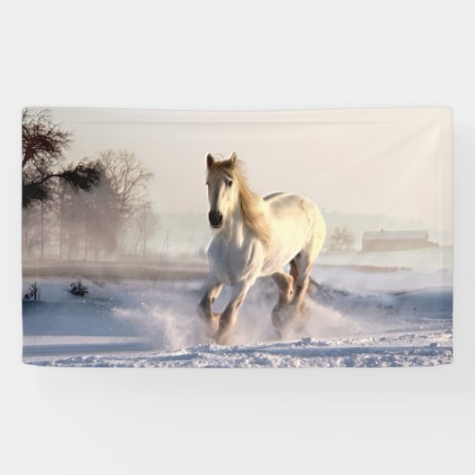 White Horse Galloping Through the Winter Snow Spandoek (Horizontaal)