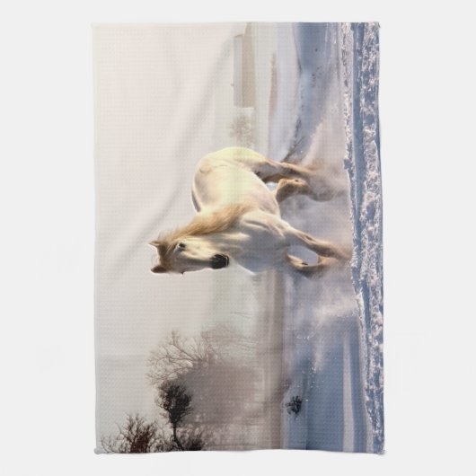 White Horse Galloping Through the Winter Snow Theedoek (Verticaal)