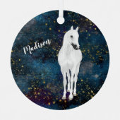 White Horse Gold Stars Kerstmis Metalen Ornament (Voorkant)