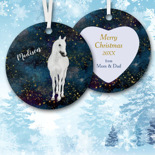 White Horse Gold Stars Kerstmis Metalen Ornament