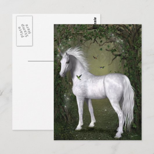 White Horse in Bossen met Hummingbird Postcar Briefkaart (Voorkant / Achterkant)