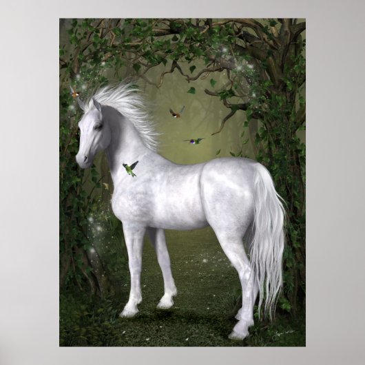 White Horse in Bossen met Hummingbird Print (Voorkant)