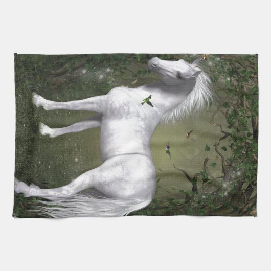 White Horse in de Bossen met Hummingvogels Theedoek (Horizontaal)