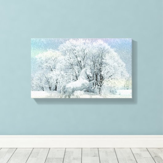White Horse in een Sneeuw Storm Dramatisch Canvas Afdruk (Insitu (Houten vloer))