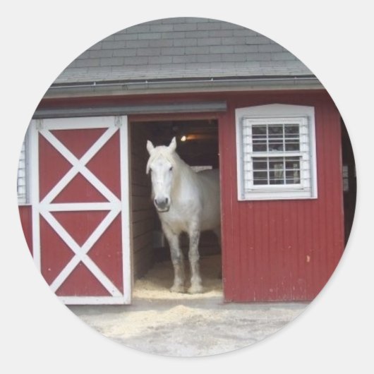 White Horse in Red Barn Ronde Sticker (Voorkant)