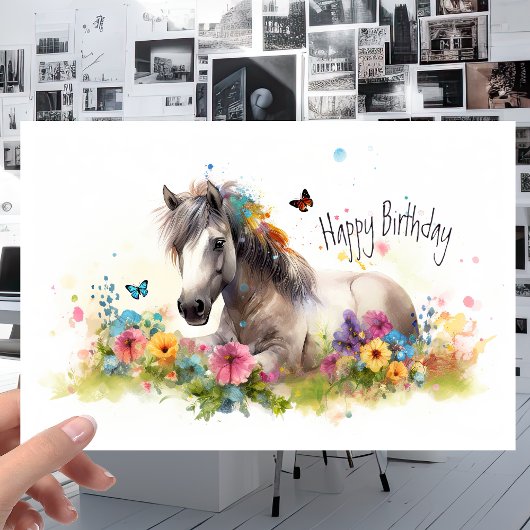 White Horse met Flowers en Butterflies Birthday Kaart