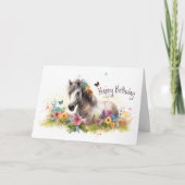 White Horse met Flowers en Butterflies Birthday Kaart (Voorkant)