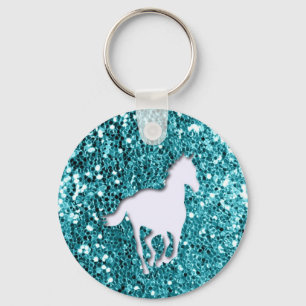White Horse on Aqua Glitter Kijk Sleutelhanger