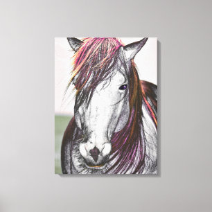 White Horse Pink Hair Art-ontwerp Canvas Afdruk