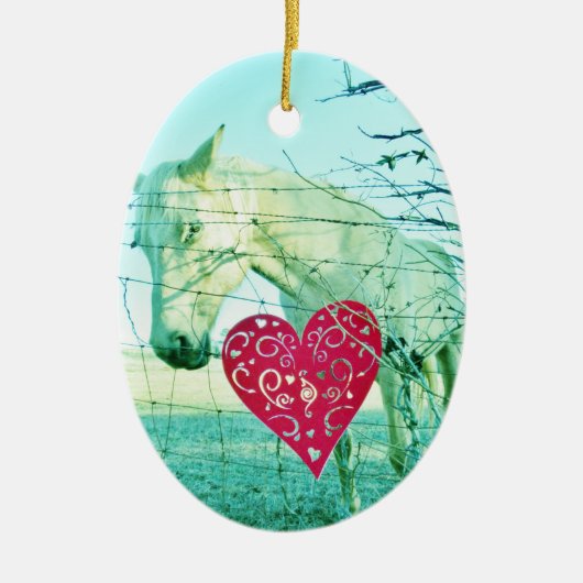 White Horse Red Heart Valentijn Keramisch Ornament (Voorkant)