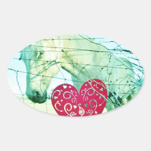 White Horse Red Heart Valentijn Ovale Sticker (Voorkant)