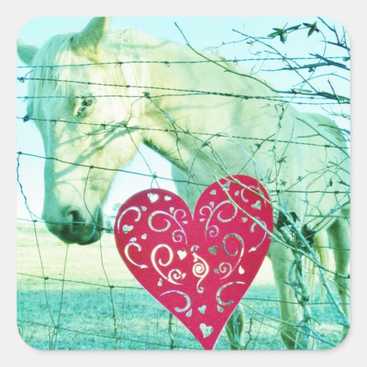 White Horse Red Heart Valentijn Vierkante Sticker (Voorkant)
