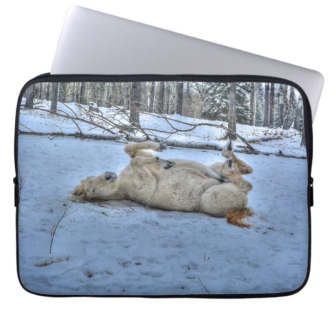 White Horse Rolling in Winter Snow Laptop Sleeve (Voorkant)