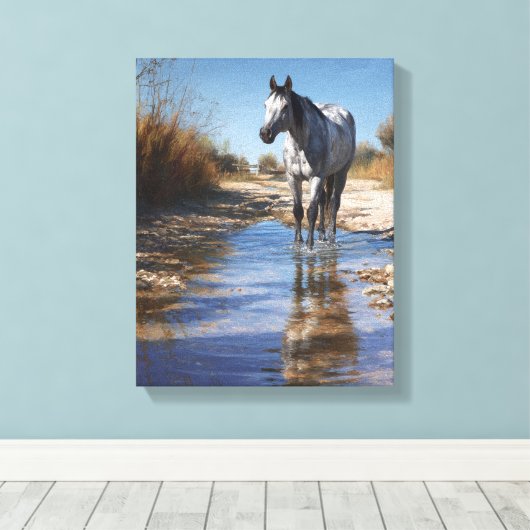 White Horse Shallow Stream Reflection Art Canvas Afdruk (Insitu (Houten vloer))