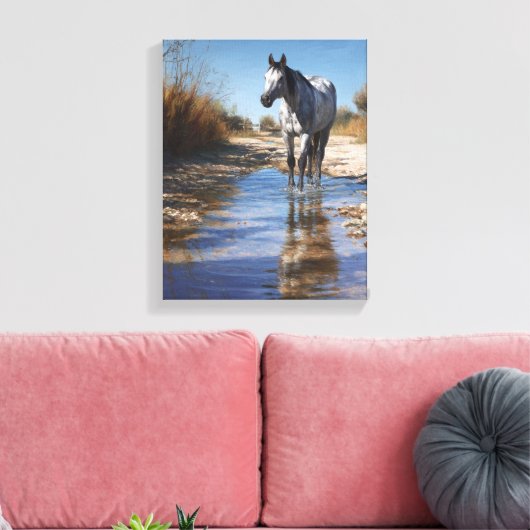 White Horse Shallow Stream Reflection Art Canvas Afdruk (Insitu (Woonkamer))