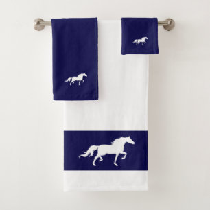 White Horse Silhouette op Navy Blue & White Bad Handdoek