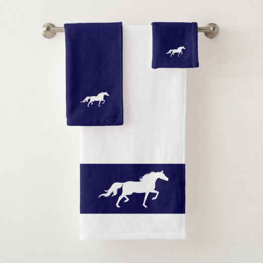 White Horse Silhouette op Navy Blue & White Bad Handdoek (Insitu)