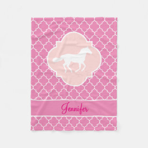 White Horse Silhouette Pink Quatrefoil met naam Fleece Deken