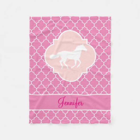 White Horse Silhouette Pink Quatrefoil met naam Fleece Deken (Voorkant)