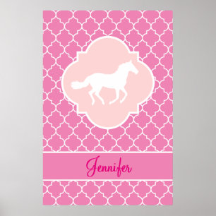 White Horse Silhouette Pink Quatrefoil met naam Poster