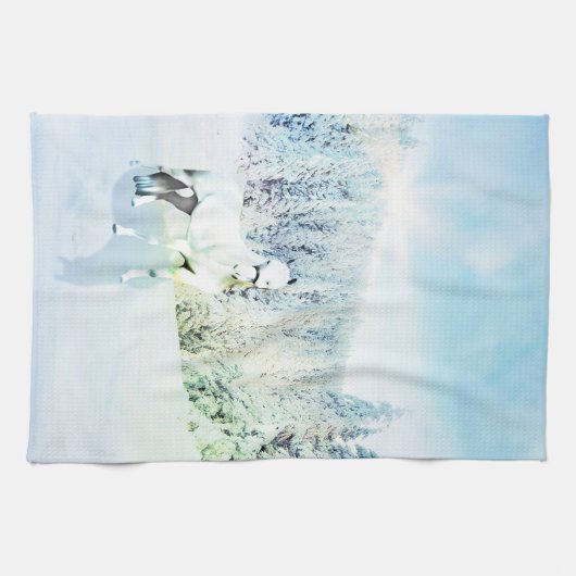 White Horse Snowy Scene Theedoek (Horizontaal)