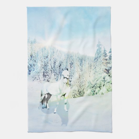 White Horse Snowy Scene Theedoek (Verticaal)