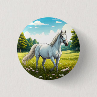 White horse standing in a field of grass ronde button 3,2 cm