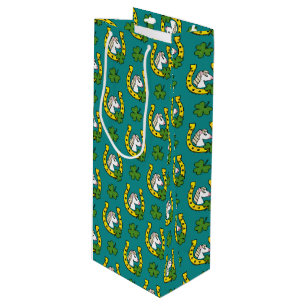 White Horse w Golden Hoefijzer, Shamrocks Patroon Wijn Cadeautas