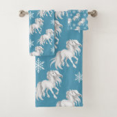 White Horses and Snowflakes Winter Pattern on Blue Bad Handdoek (Insitu)
