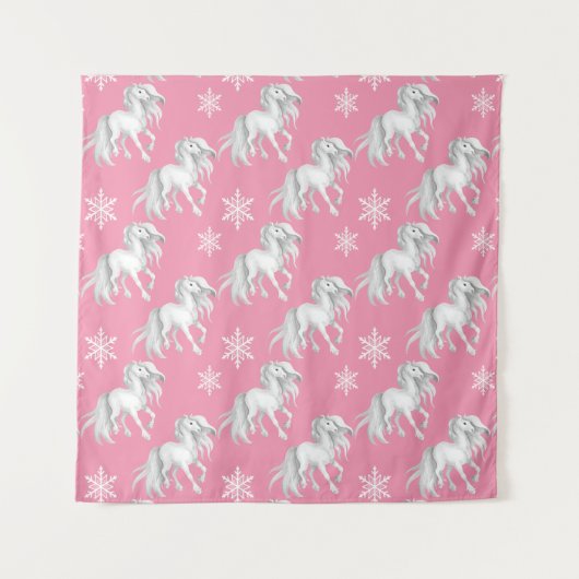 White Horses and Snowflakes Winter Pattern on Pink Wandkleed (Voorkant)