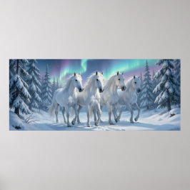 White Horses Under Aurora Borealis in Winter Fores Poster