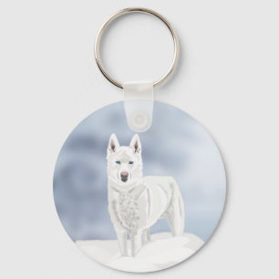 White Husky tegen sneeuwscene Sleutelhanger
