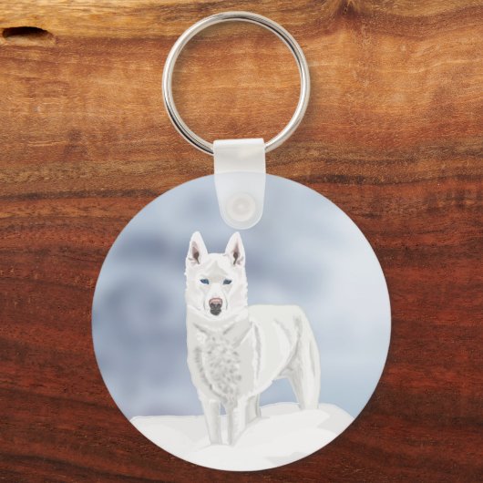 White Husky tegen sneeuwscene Sleutelhanger (Voorkant)