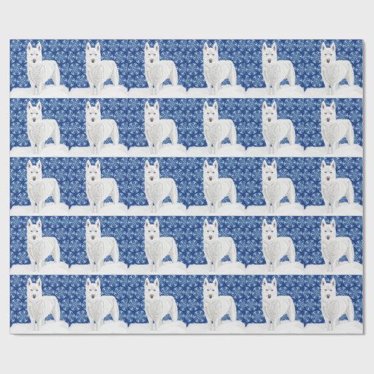 White Husky tegen sneeuwvlokken en donkerblauwe he Cadeaupapier (Vlak)