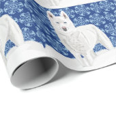 White Husky tegen sneeuwvlokken en donkerblauwe he Cadeaupapier (Rol Hoek)