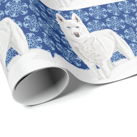 White Husky tegen sneeuwvlokken en donkerblauwe he Cadeaupapier (Rol Hoek)
