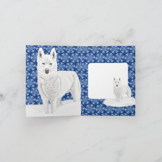 White Husky tegen sneeuwvlokken en donkerblauwe he Kaart (Binnen)