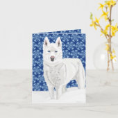 White Husky tegen sneeuwvlokken en donkerblauwe he Kaart (Gele Bloem)